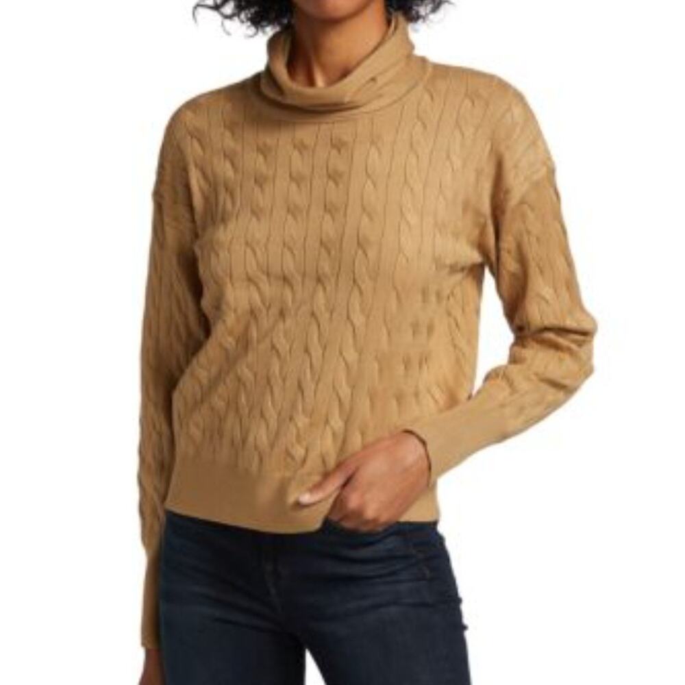 Veronica Beard Sweater‎ Small Lova Cable Knit Tan Brown Funnel Neck Designer